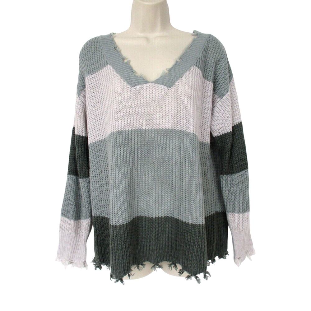 Simply Southern Collection Sweater Womens Small Striped Color Block Fringe Gray